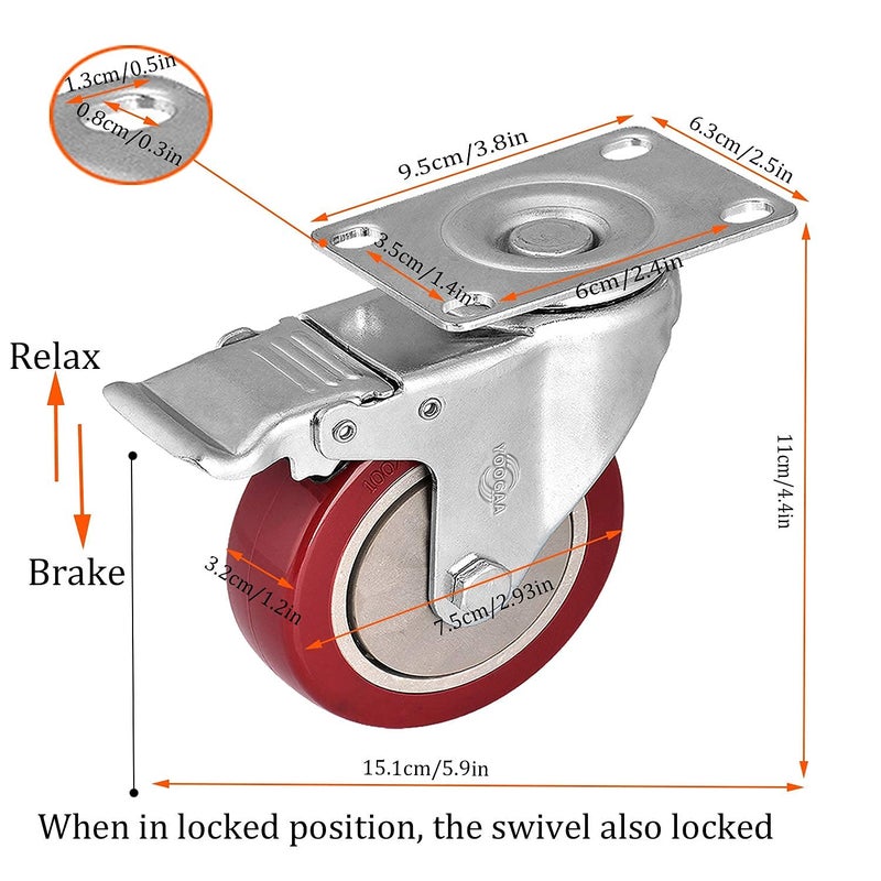 YOOGAA Caster Wheels 3 Inch Casters Set of 4 Heavy Duty Load Bearing 1000 Lbs Locking Swivel Plate Casters with Brake Industrial No Noise Polyurethane Wheels Anti-wear Smooth Casters - Image 3